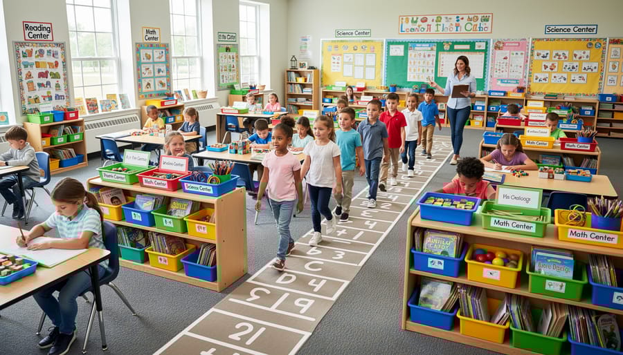 Overhead view of organized classroom learning centers ready for student rotation