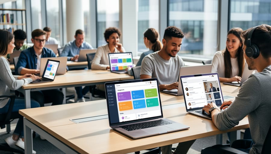 Professor working on learning management system dashboard on laptop