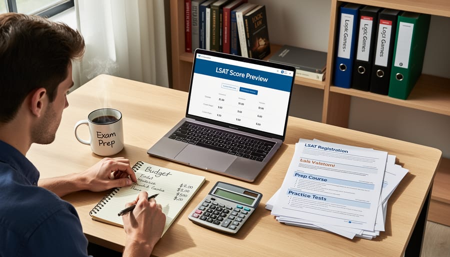Calculator and money on desk representing financial planning for LSAT costs