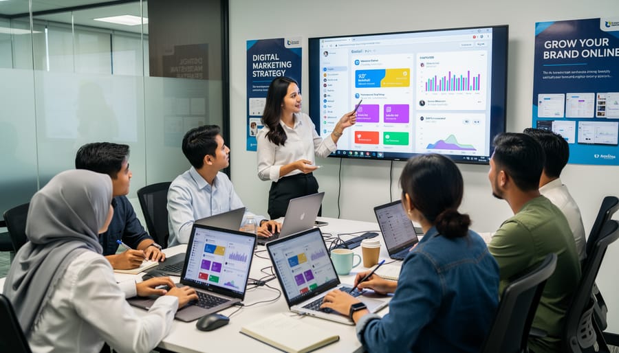 Malaysian students collaborating on laptops in modern e-marketing classroom