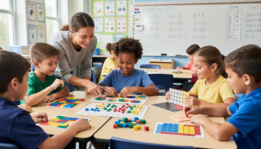 Overhead view of students' hands using colorful fraction manipulatives and math game materials