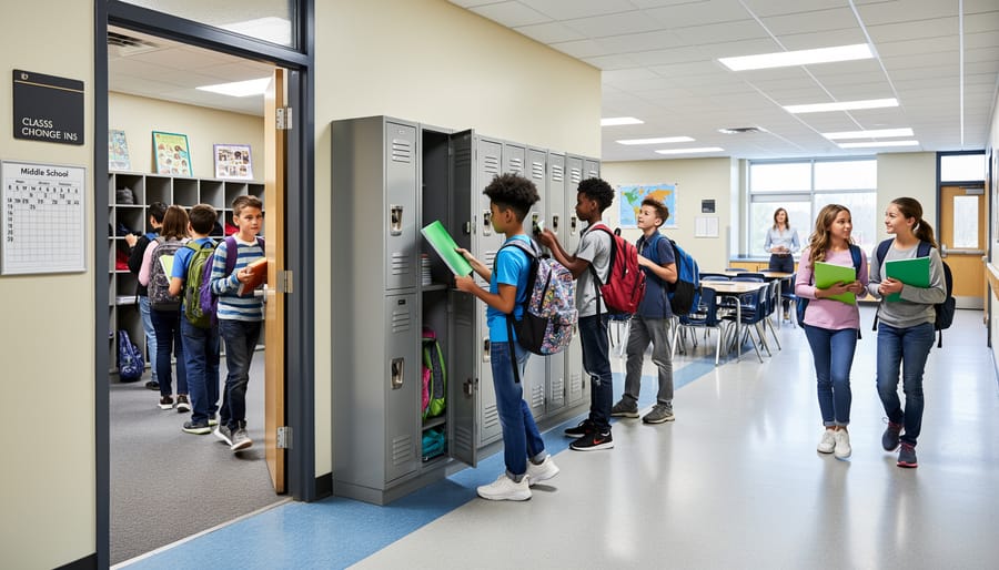 Middle school students independently organizing materials during classroom transition