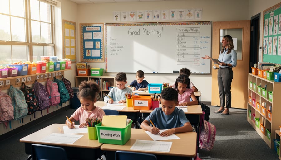 Elementary student putting backpack in cubby during morning arrival routine