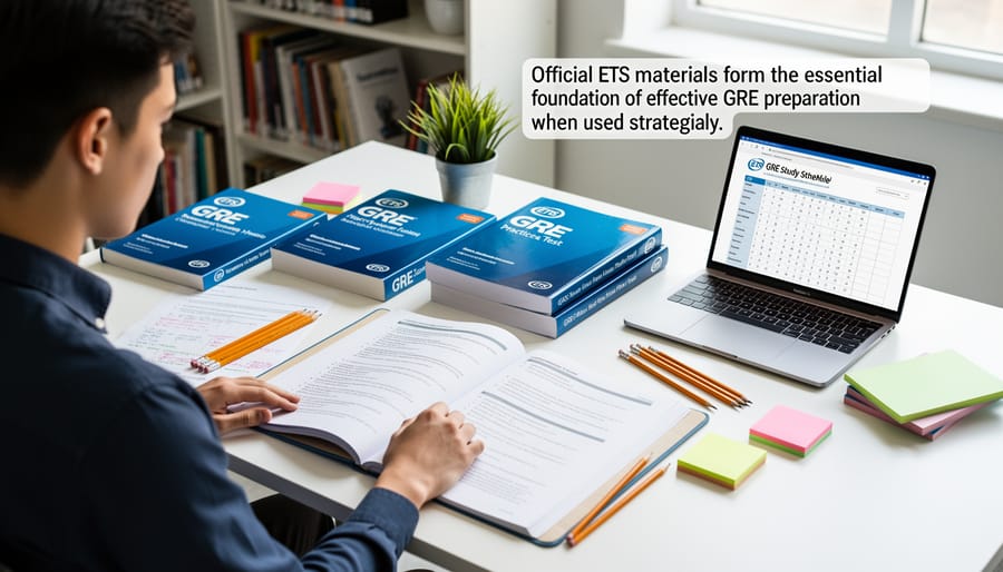 Student using official GRE preparation book with pencil and laptop for practice
