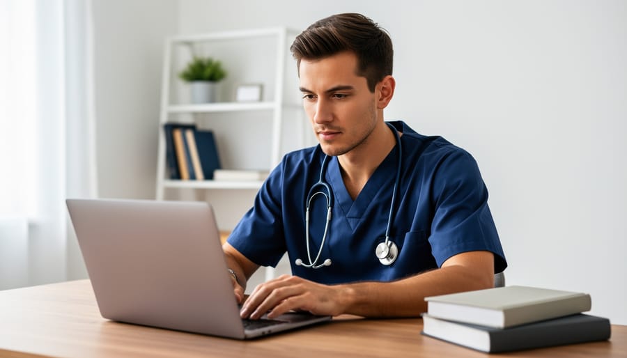 Person in navy scrubs with a stethoscope studies an online healthcare certification course on a laptop at a tidy home desk, taking notes, with soft window light and a blurred bookshelf and plant in the background.