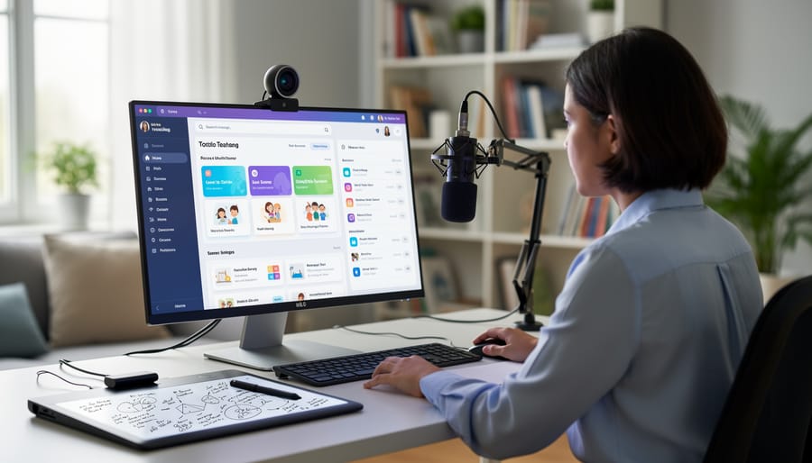Teacher's desk with laptop, headset, document camera, and tablet for online teaching