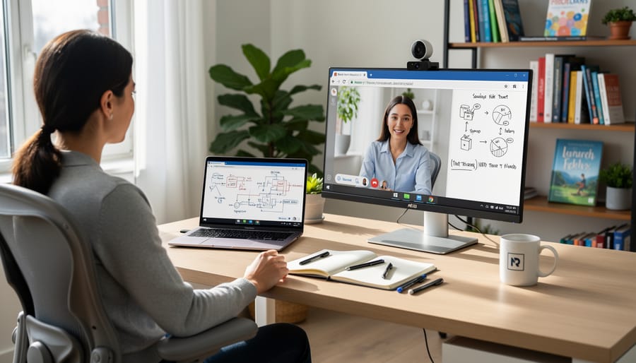 Tutor conducting online tutoring session from home office setup
