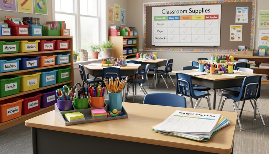 Overhead view of organized teaching supplies including bins, markers, folders and labels on white desk