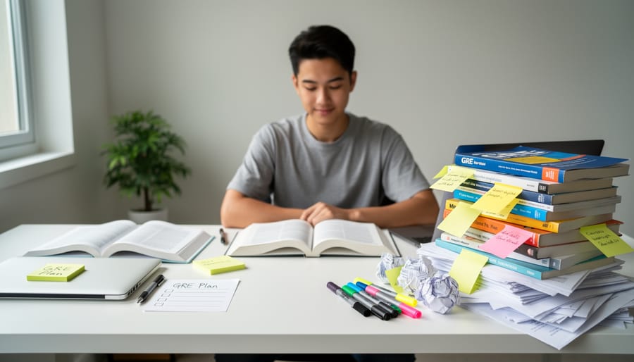 Organized study workspace with focused GRE materials, planner, and timer showing strategic preparation