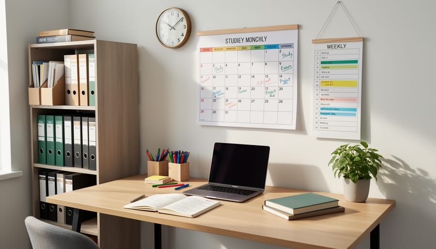 Student's hands holding spread of colorful flashcards over study desk
