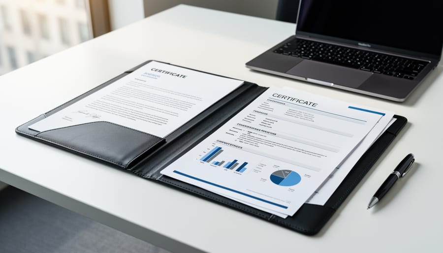 Overhead view of organized teaching portfolio with documents, certificates, and labeled folders on desk