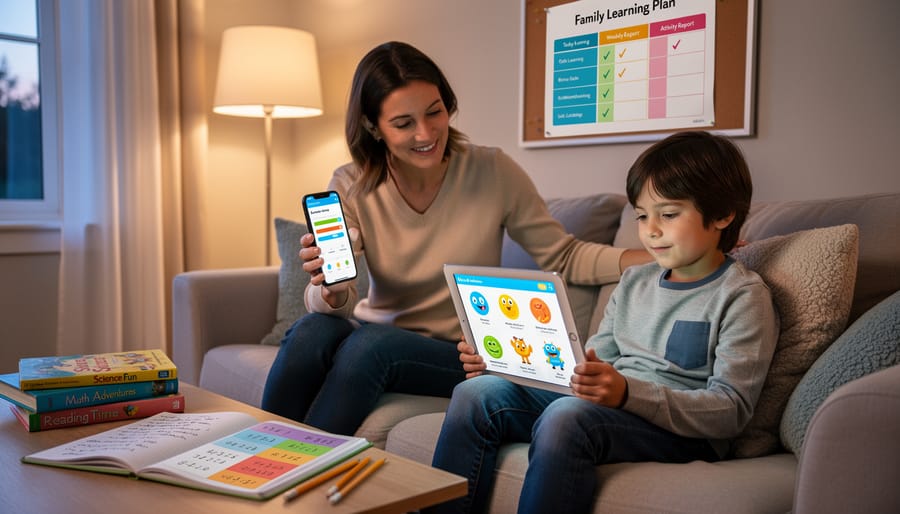 Parent and child learning together using educational tablet app at home