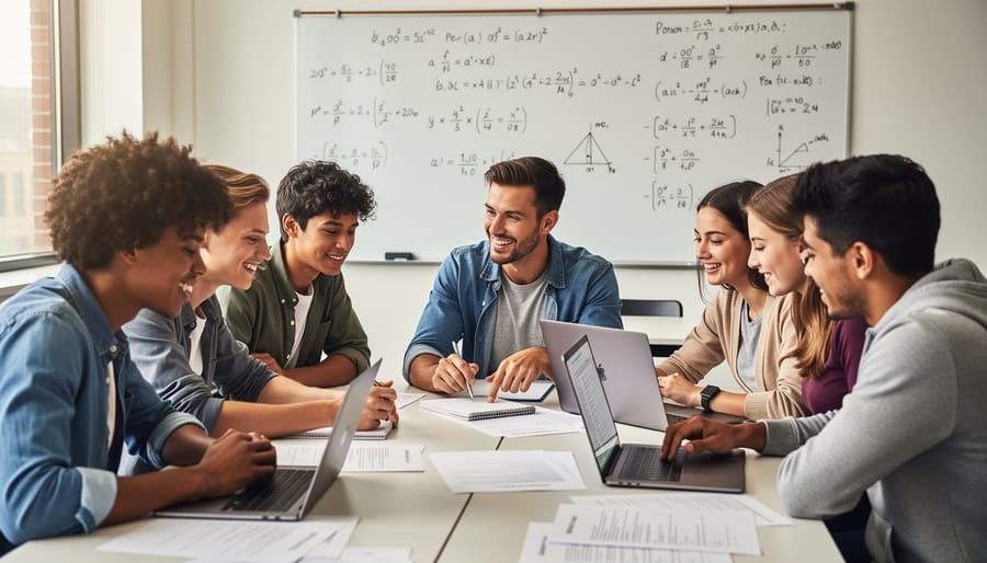 Two students collaborating over shared textbook during peer review session