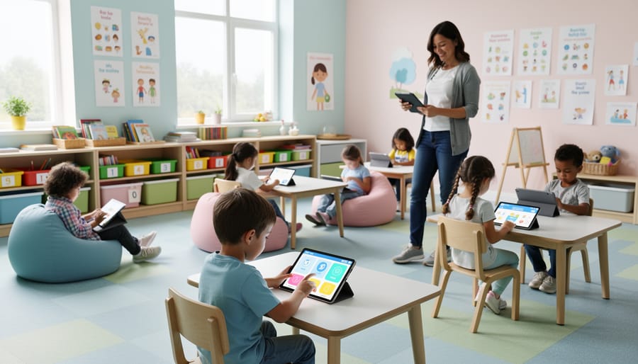 Group of kindergarten students using educational tablets in classroom circle time