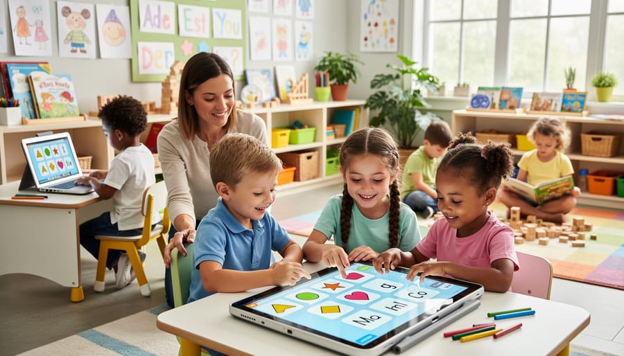 Preschool children collaboratively using touchscreen technology at classroom table