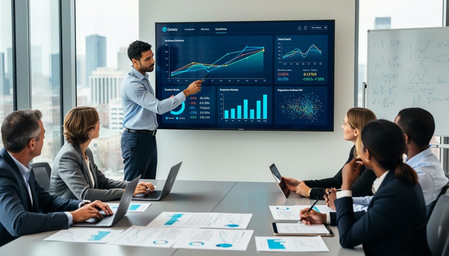Professional presenting statistical analysis to team in modern office meeting