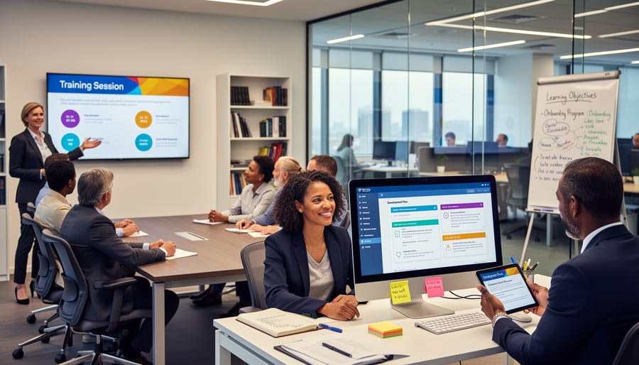 Diverse professionals collaborating in modern office meeting
