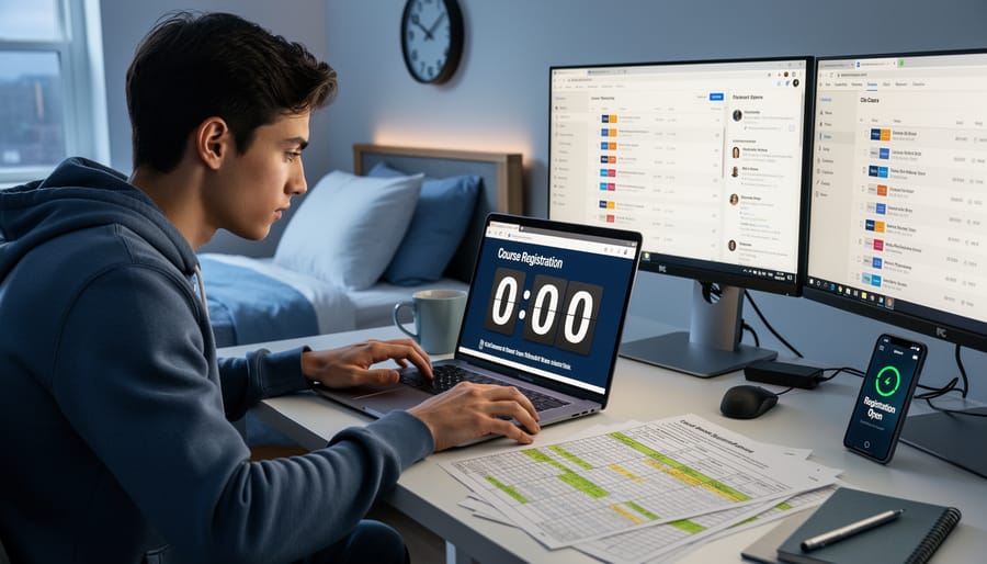 Student focused intently on laptop screen during course registration time