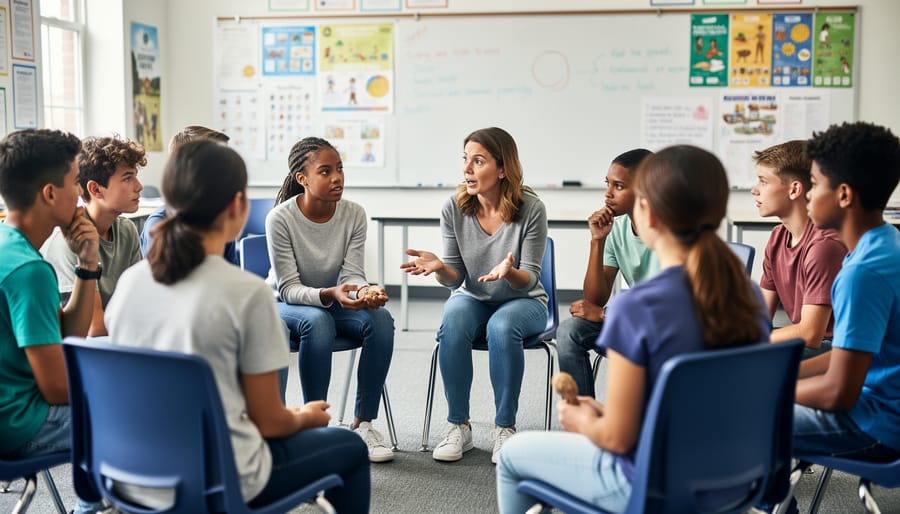 Diverse students and teacher sitting together in circle formation on classroom floor during restorative practice session