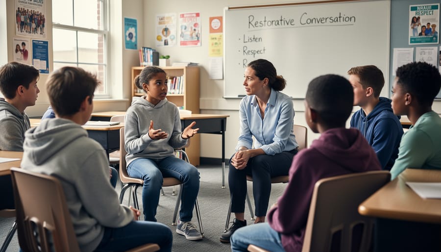 Two students engaged in facilitated restorative conversation with teacher at classroom table