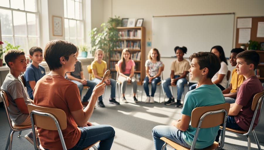Diverse students and a teacher seated in a circle in a bright classroom, listening to a student holding a talking piece, with blurred shelves and a blank whiteboard in the background.