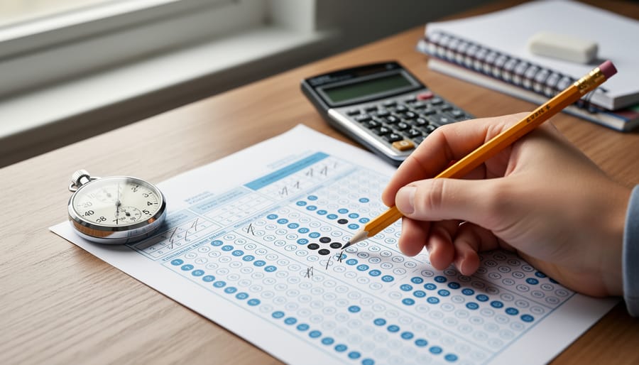 Close-up of a student’s hand with pencil above a multiple-choice answer sheet with several bubbles crossed out, analog stopwatch and calculator on a wooden desk under soft daylight, blurred notebooks and eraser in the background, no legible text visible.