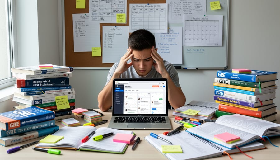 Cluttered desk with scattered GRE study books, notes, and materials representing unfocused preparation