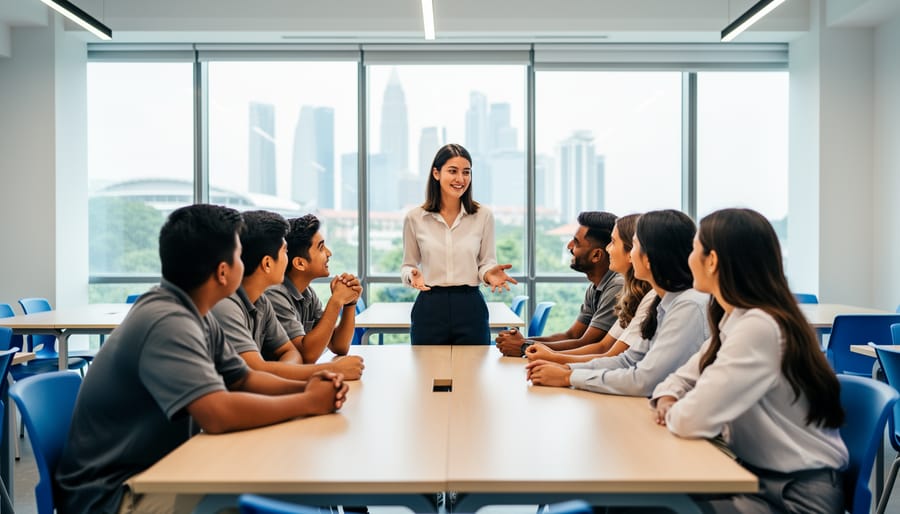 English teacher leading a discussion with diverse secondary students around a table in a bright, modern classroom; large windows reveal a faint Singapore skyline and greenery in the background, sharp focus on the group, no visible text.