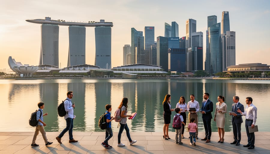 Singapore Marina Bay skyline at sunset showing modern skyscrapers and urban development