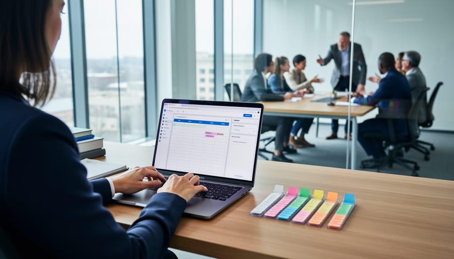Over-the-shoulder view of a planning coordinator using a laptop planner and color-coded binder tabs at a modern desk, with educators collaborating in a blurred glass-walled meeting room.