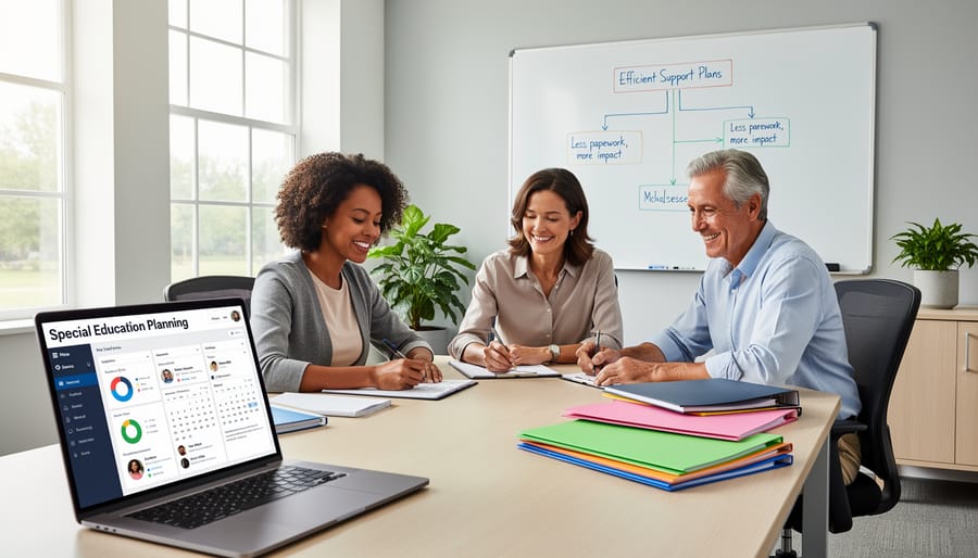 Special education coordinator using planning software at modern office workspace