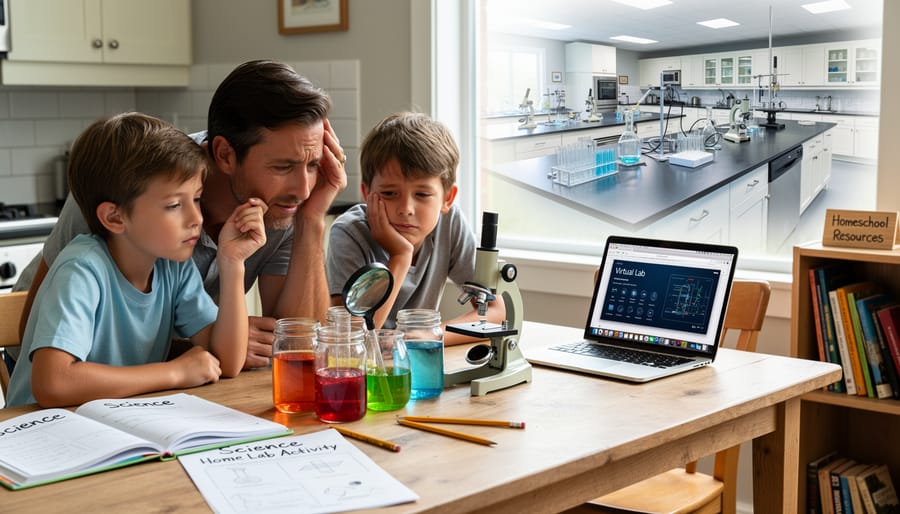 Science laboratory equipment including microscope and glassware on desk