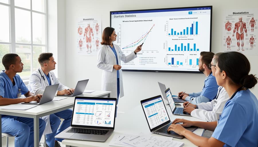 Healthcare researcher analyzing statistical data in modern clinical laboratory