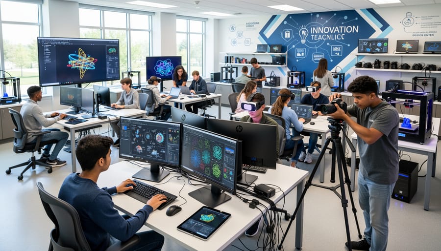 Female student concentrating on cybersecurity coursework in computer lab