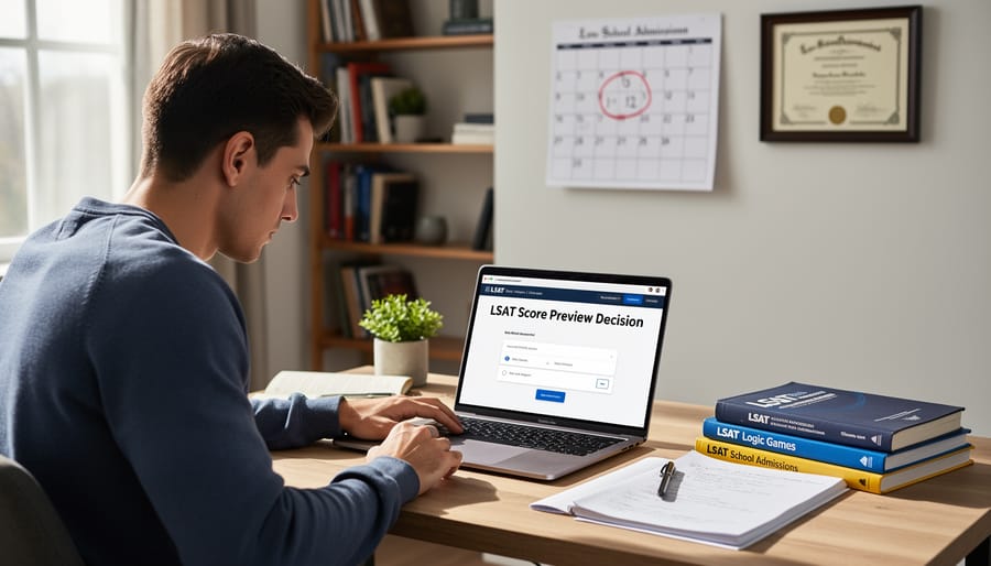 College student reviewing LSAT documents with thoughtful expression