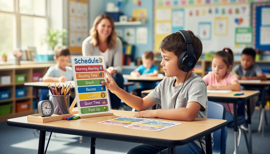 Student using visual schedule board with picture cards in classroom setting