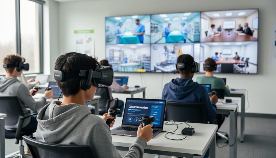 High school student wearing VR headset and interacting with virtual reality career simulation