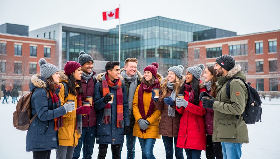 Happy international student dressed for winter on snowy Canadian university campus