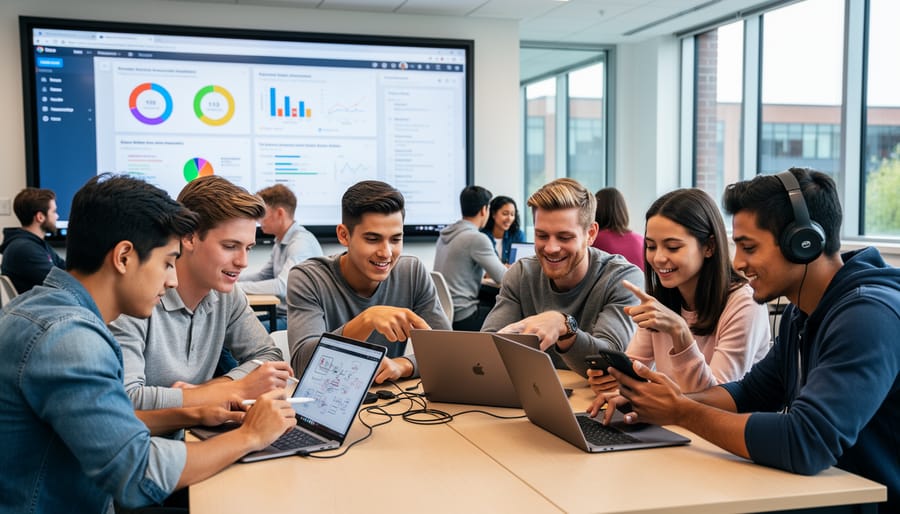 Diverse college students collaborating on laptop in bright modern classroom