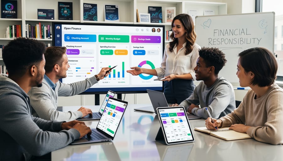 Group of Brazilian university students learning about Open Finance with laptops and smartphones