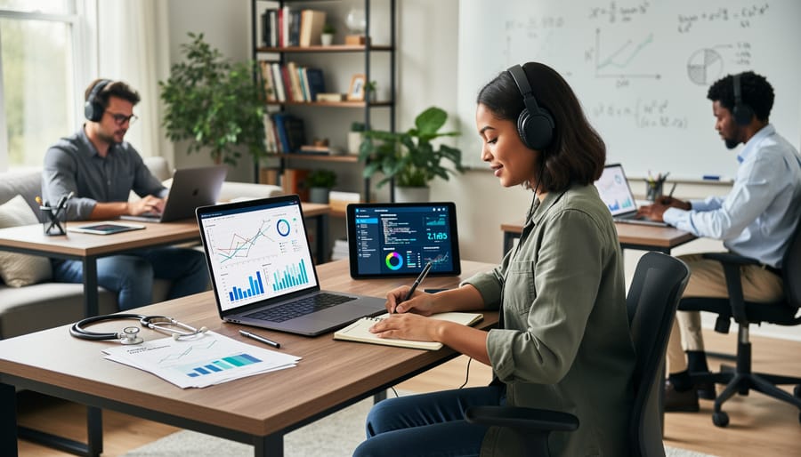 Students collaborating on data analysis projects using laptops in modern learning environment