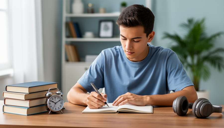 Focused student at a tidy wooden desk with pen over a blank notebook, closed textbooks, analog timer, and headphones, lit by soft side daylight with blurred shelves and a plant in the background.