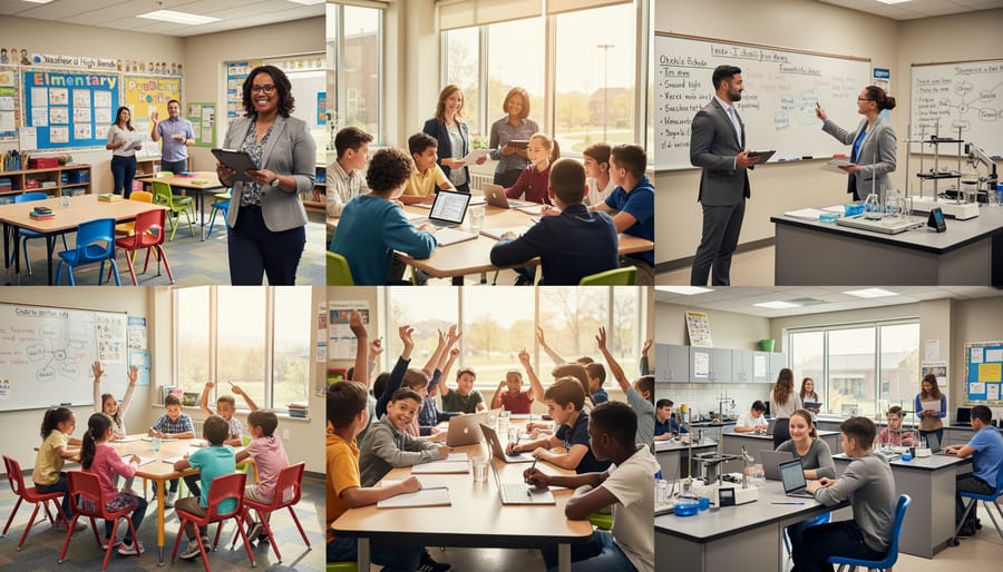 Confident teacher with engaged students raising hands enthusiastically in bright classroom