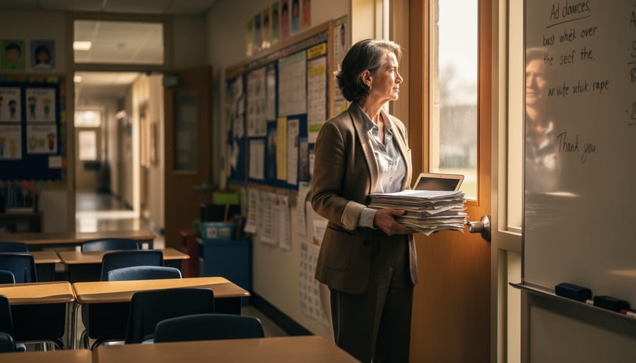 Teacher sitting contemplatively at desk in empty classroom during late afternoon