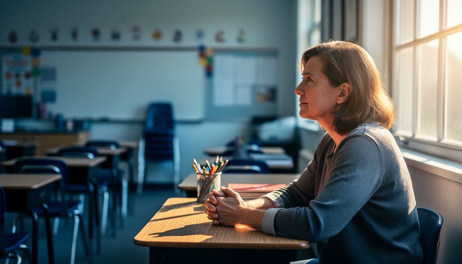 Mid-career teacher seated at a desk in an empty classroom during late-afternoon golden light, gazing toward a window with hands clasped; blurred rows of desks and a whiteboard in the background suggest reflection and change.