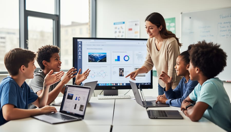 Teacher and young students engaged together with tablet technology in classroom setting