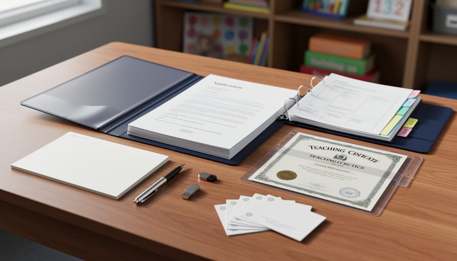 Overhead 45-degree view of an organized teacher interview portfolio on a wooden desk, including a protective folder, stacks of documents, certificates in sleeves, a binder with lesson materials, a notepad and pen, a USB drive, and business cards, with a softly blurred classroom background.