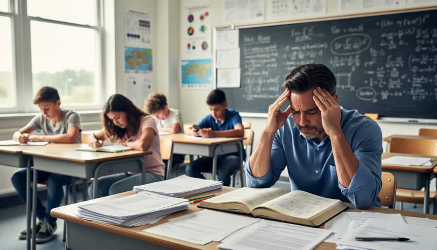 Teacher reviewing lesson plans at desk in classroom with scattered papers and laptop