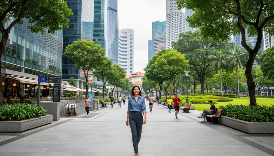 Professional teacher working on laptop at outdoor cafe in modern Singapore neighborhood