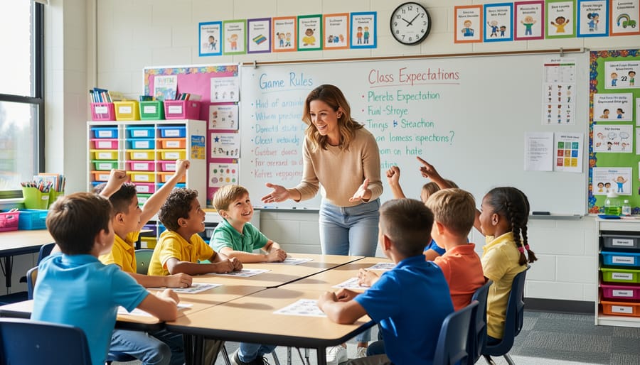Teacher engaging with 4th grade students during interactive classroom game activity